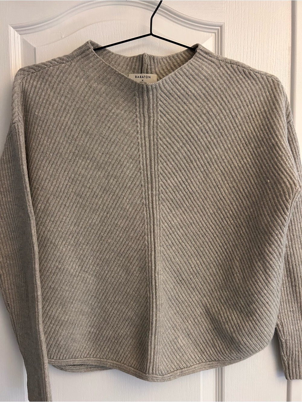 Babaton Gray Diagonal Ribbed Crewneck Sweater